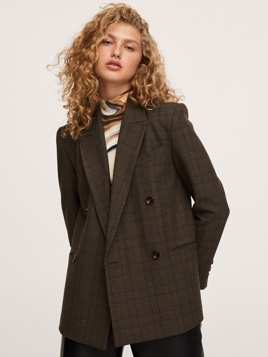 MANGO Women Brown Checked GALATA Regular-Fit Double-Breasted Formal Blazer Price in India