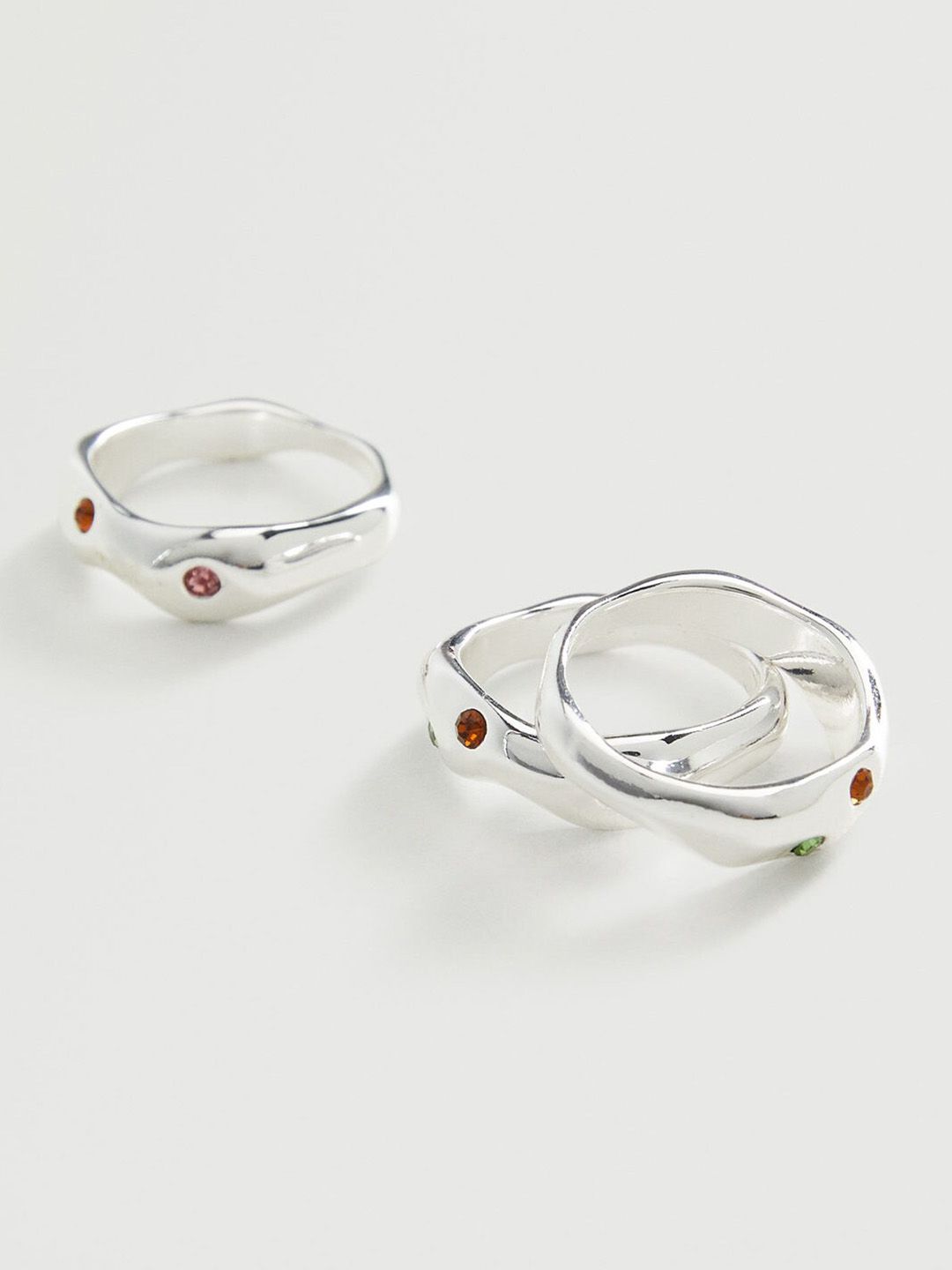 MANGO Set of 3 Silver-Toned & Pink Stone-Studded Finger Rings Price in India