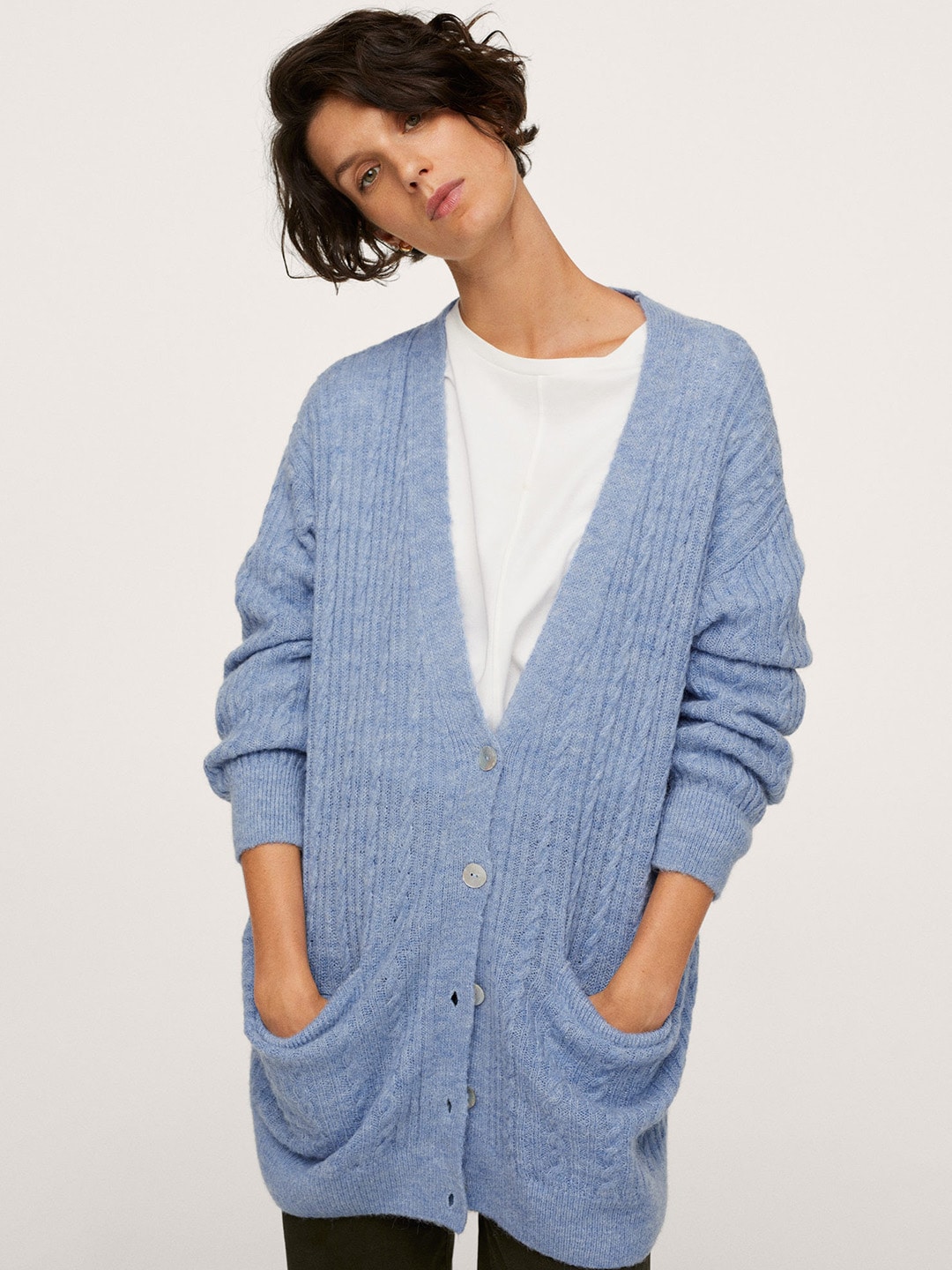 MANGO Women Blue Cable Knit Cardigan Price in India