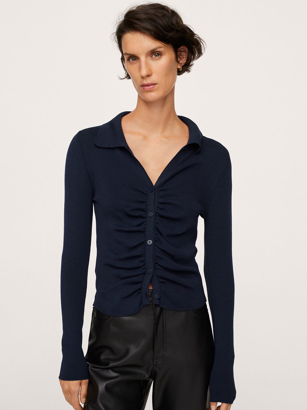 MANGO Navy Blue Solid Shirt Style Top