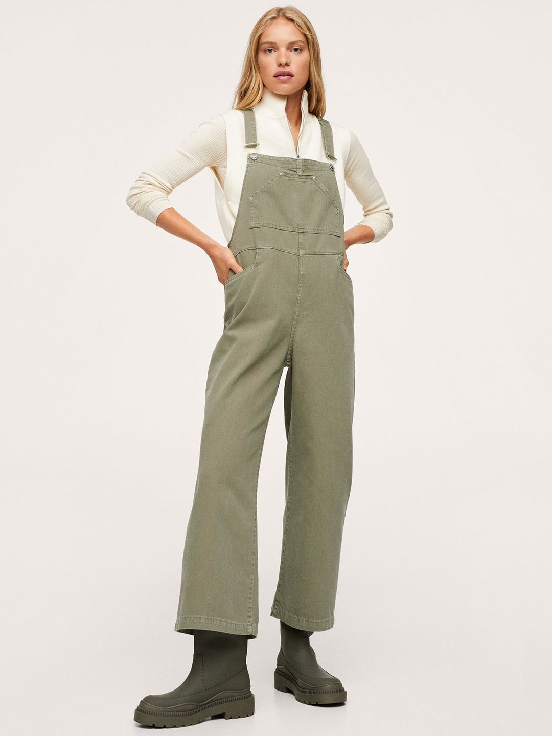 MANGO Green Solid Pure Cotton Basic Jumpsuit Price in India