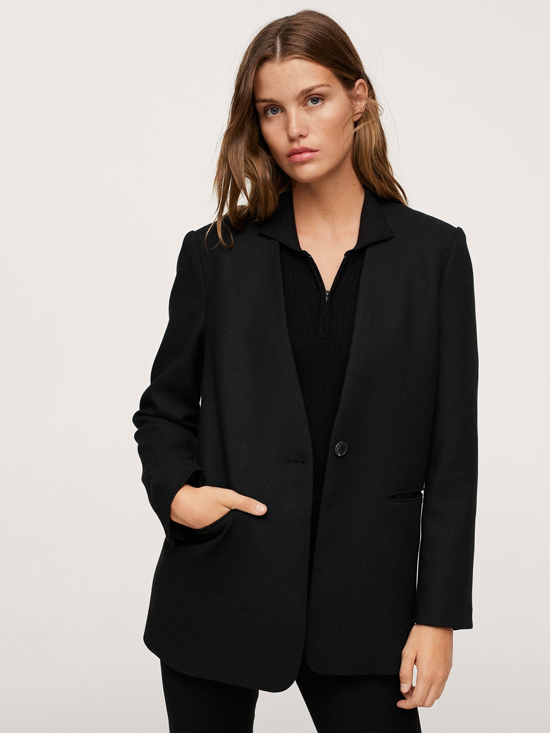 MANGO Women Black Solid Structured Single-Breasted Blazer Price in India