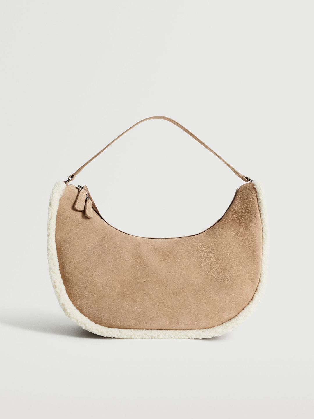 MANGO Beige Solid Suede Finish Half Moon Shoulder Bag with Faux Fur Trim Price in India