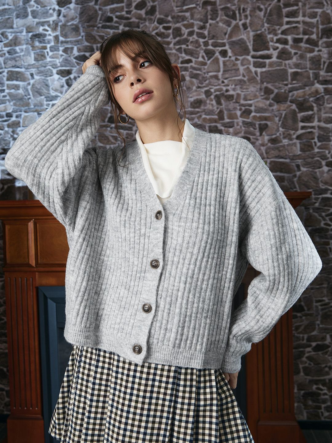 MANGO Women Grey Melange Ribbed Cardigan Price in India