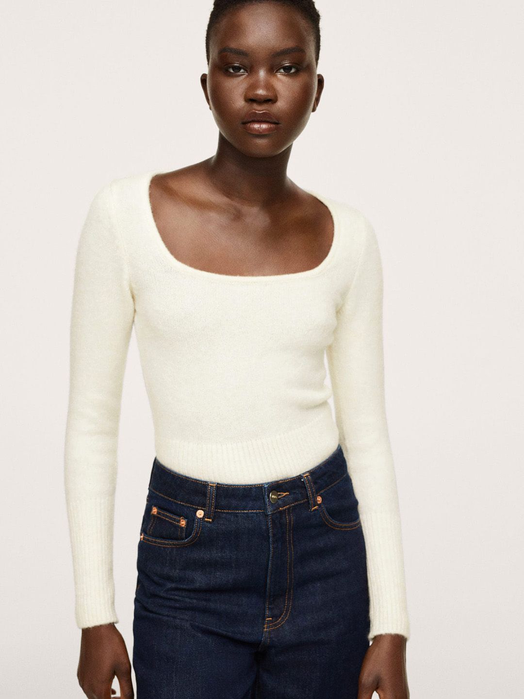 MANGO Women Off White Solid Pullover Sweater Price in India