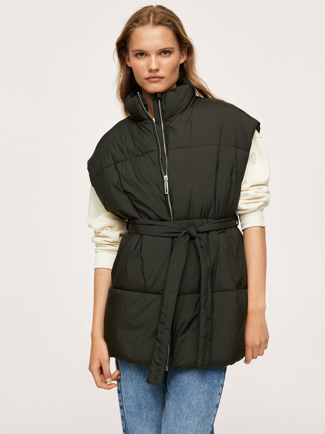 MANGO Women Black Solid Padded Jacket with Belt Price in India