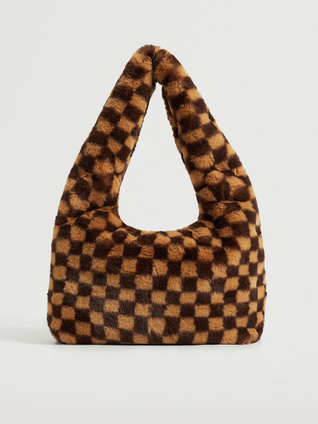 MANGO Beige & Coffee Brown Faux Fur Checked Structured Hobo Bag Price in India