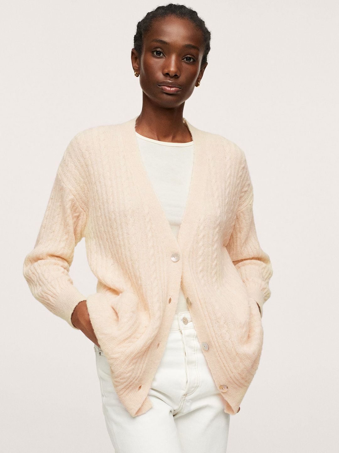 MANGO Women Cream-Coloured Cable Knit Cardigan Price in India