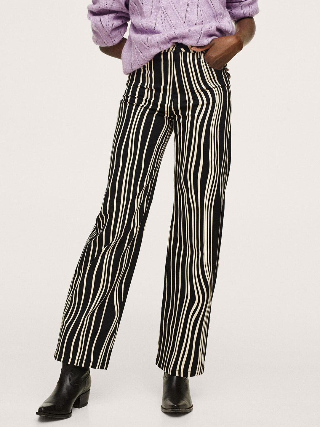 MANGO Women Black And White Striped Straight Fit Bootcut Trousers Price in India