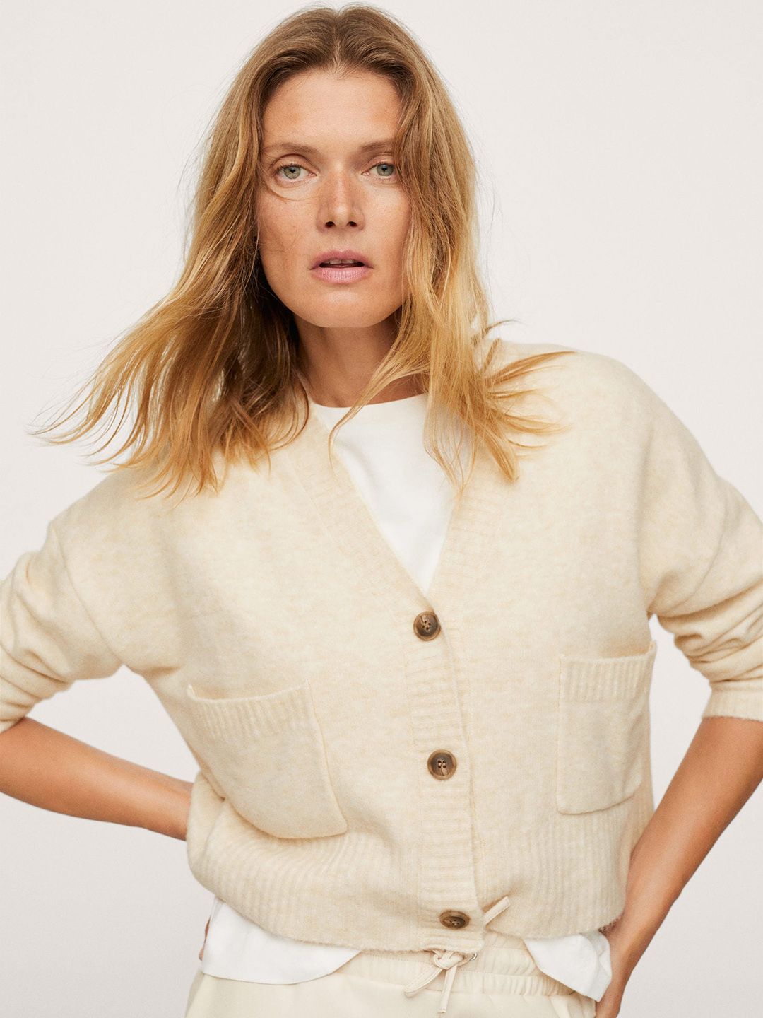 MANGO Women Cream-Coloured Solid Cardigan Price in India