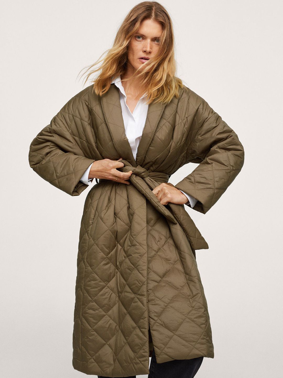 MANGO Women Beige ANORAK VERDURE Longline Quilted Jacket Price in India