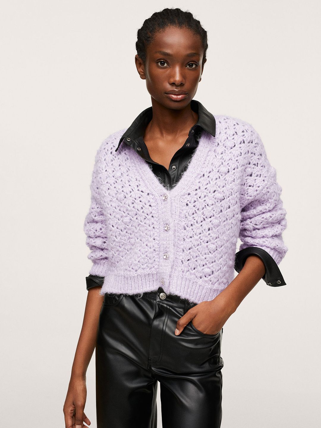 MANGO Women Purple Open Knit Cardigan Price in India