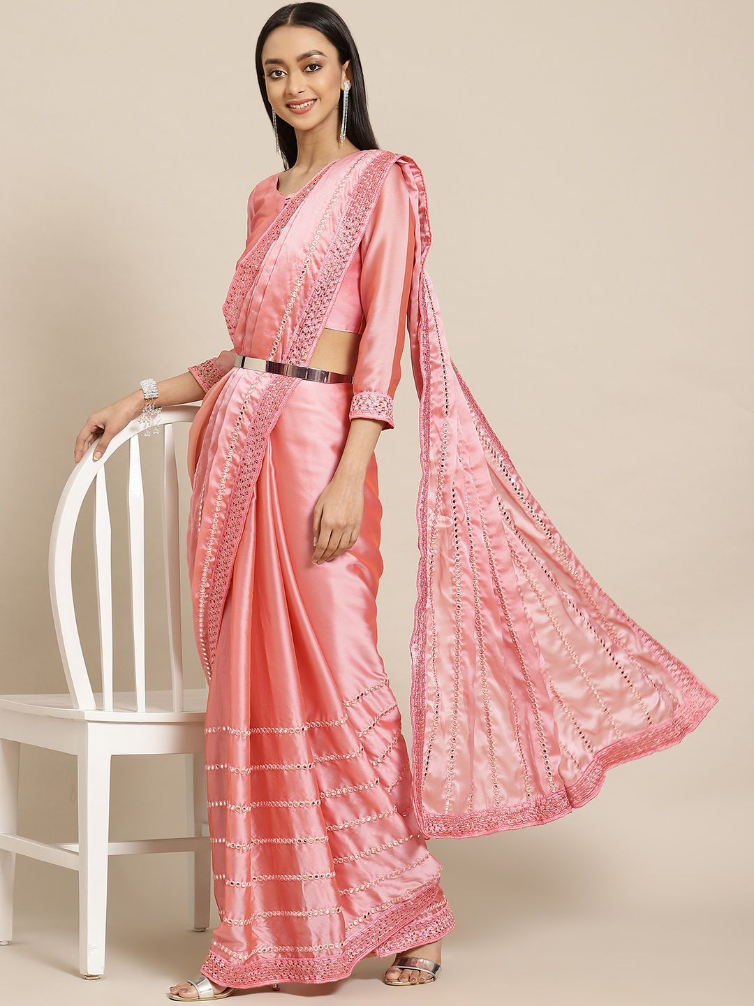 Mitera Pink Embellished Mirror Work Heavy Work Saree Price in India