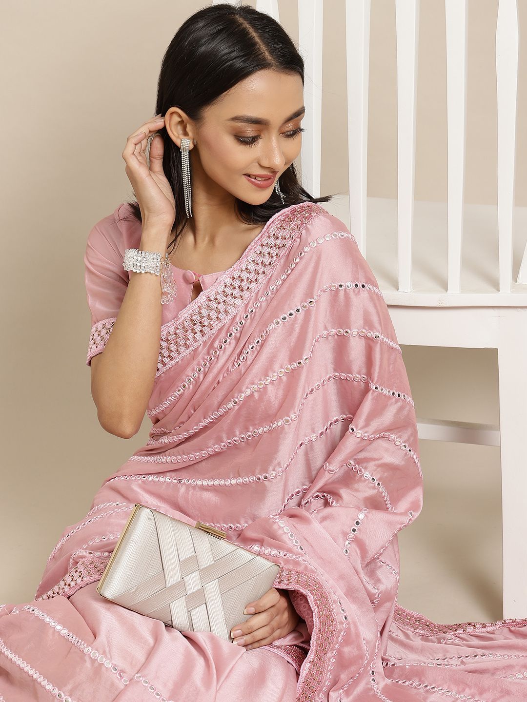 Mitera Pink Embellished Mirror Work Heavy Work Saree Price in India