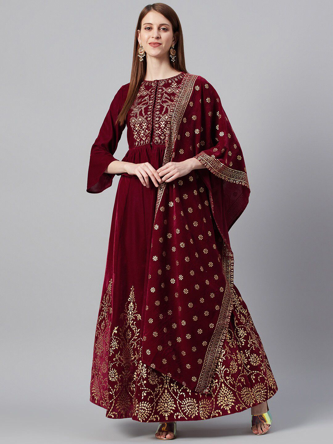 Juniper Maroon & Gold-Toned Embroidered Ready to Wear Lehenga & Blouse With Dupatta Price in India