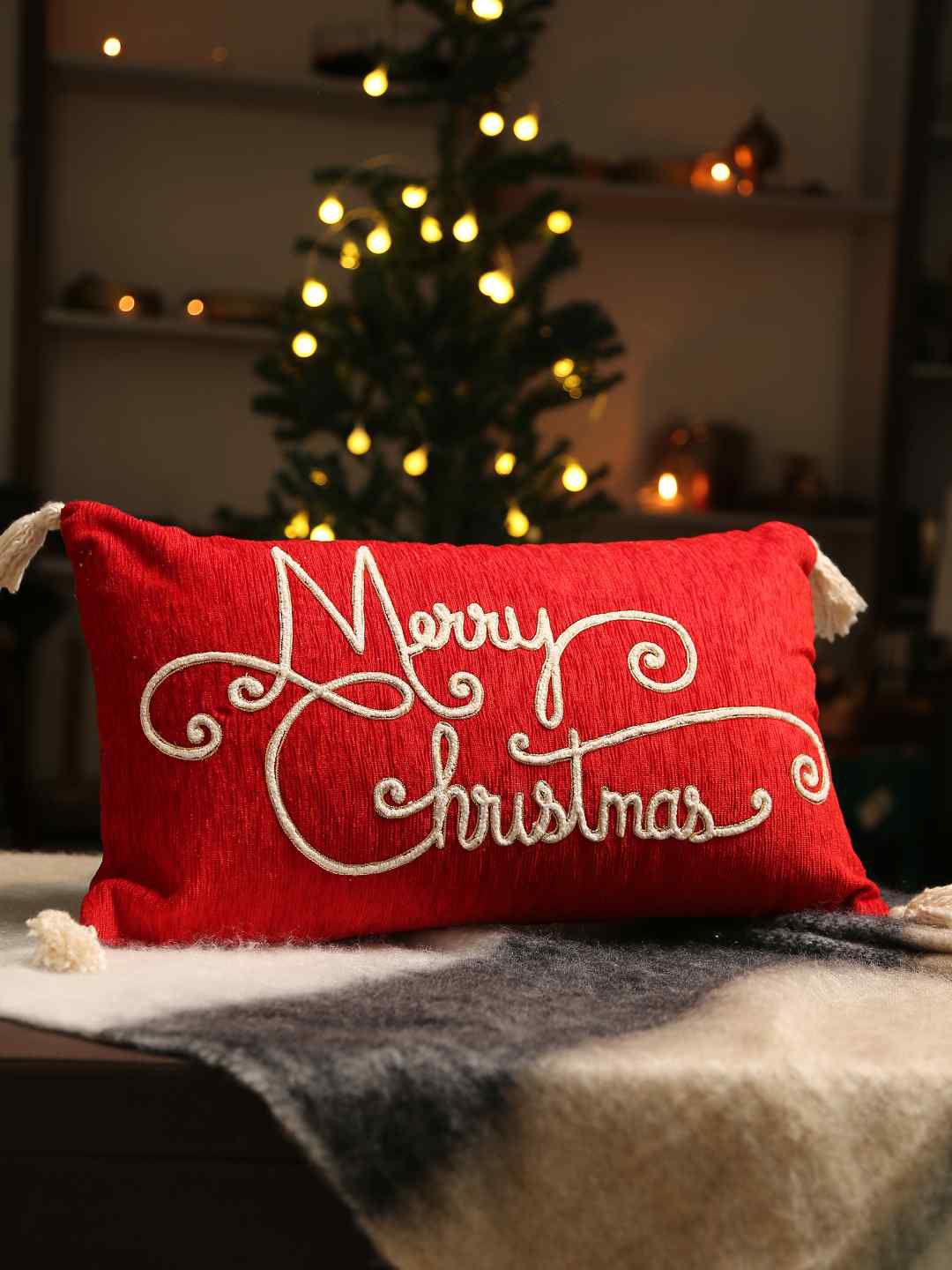 Amoliconcepts Red & White Merry Christmas Embroidered Rectangle Cushion Covers Price in India