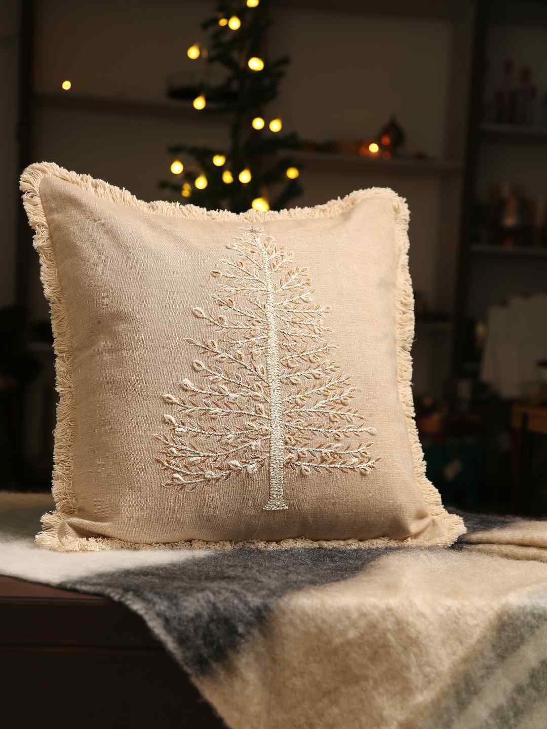 Amoliconcepts Beige & White Embroidered Square Cushion Covers Price in India