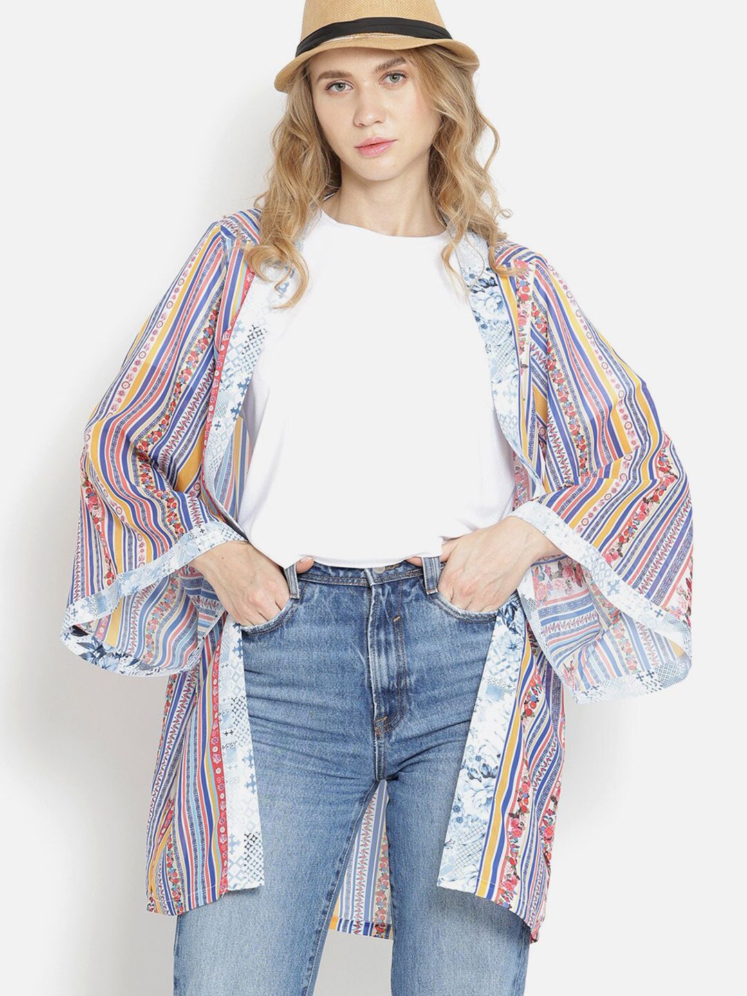 SHAYE Women Blue & Magenta Printed Longline Shrug Price in India