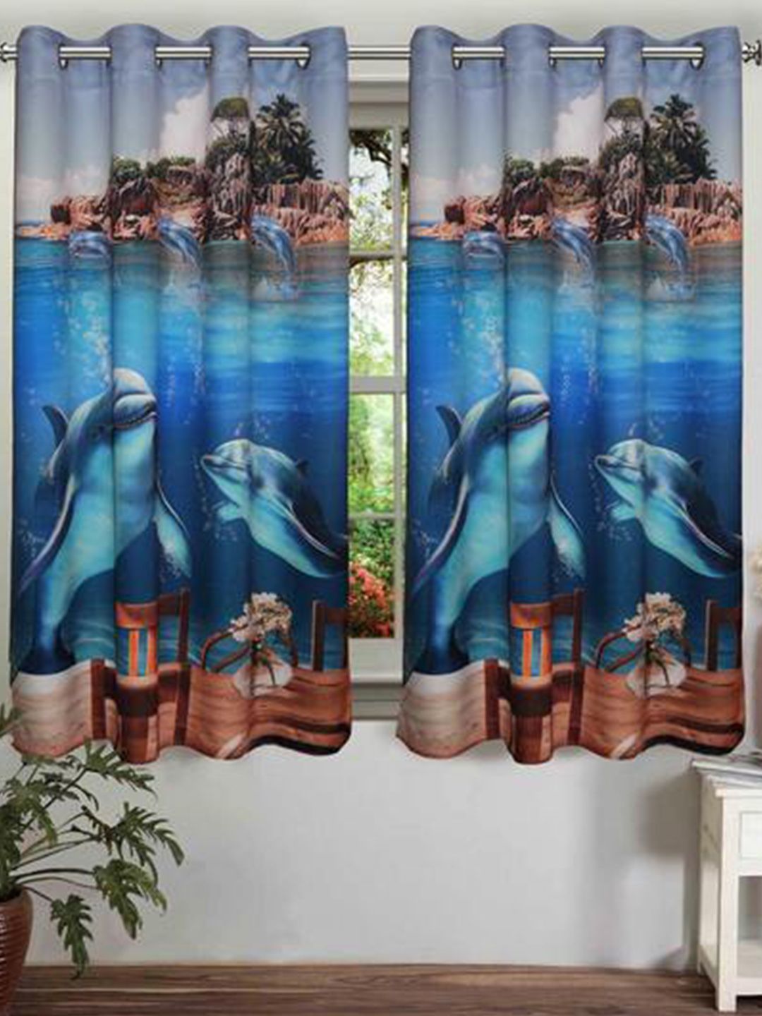 Lushomes Multicoloured Digital 3D Printed Marine Window Curtain Price in India