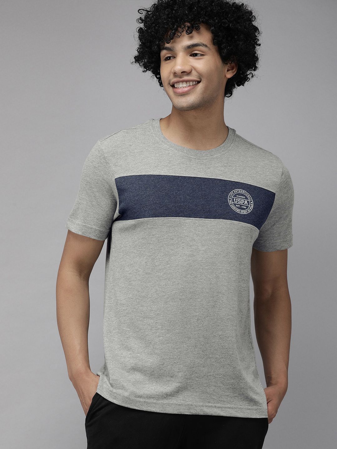 U.S. Polo Assn. Men Grey Melange & Navy-Blue Colourblocked Lounge T-shirt