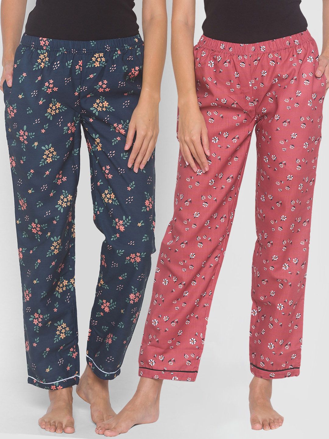 FashionRack Women Brown & Navy Blue Pack of 2 Cotton Printed Lounge Pants Price in India