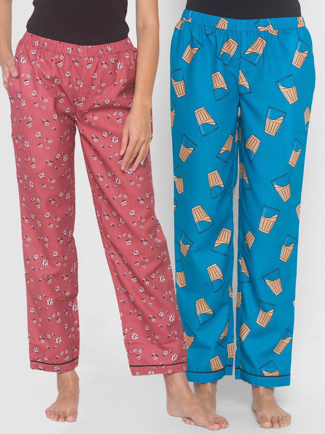 FashionRack Women Brown & Blue Pack of 2 Cotton Printed Pyjamas Price in India