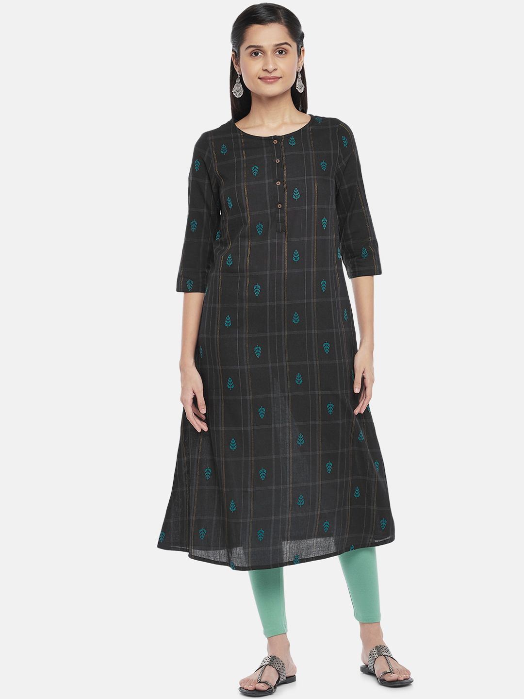 RANGMANCH BY PANTALOONS Women Black Checked Cotton Anarkali Kurta Price in India