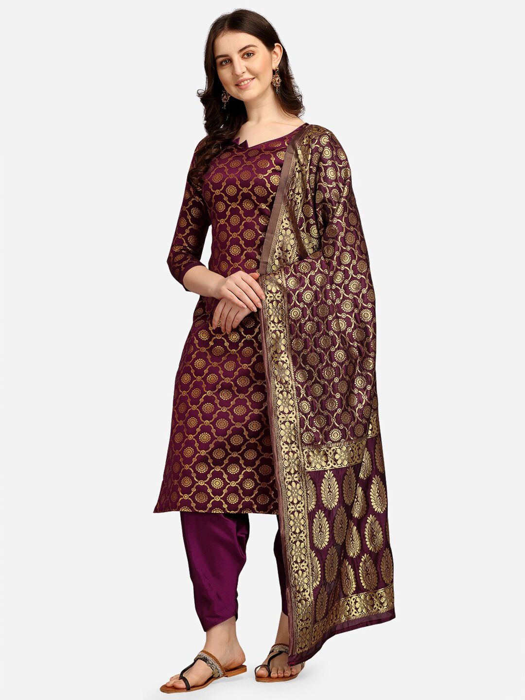 Ethnic Junction Purple & Gold-Toned Unstitched Dress Material Price in India