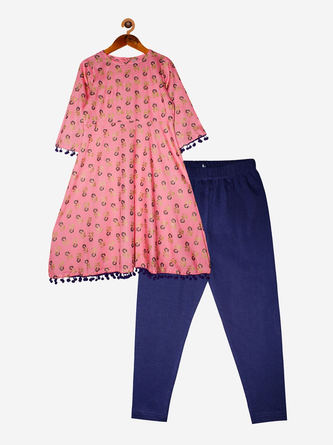 KiddoPanti Girls Pink & Blue Floral Printed Pleated Kurti with Trousers