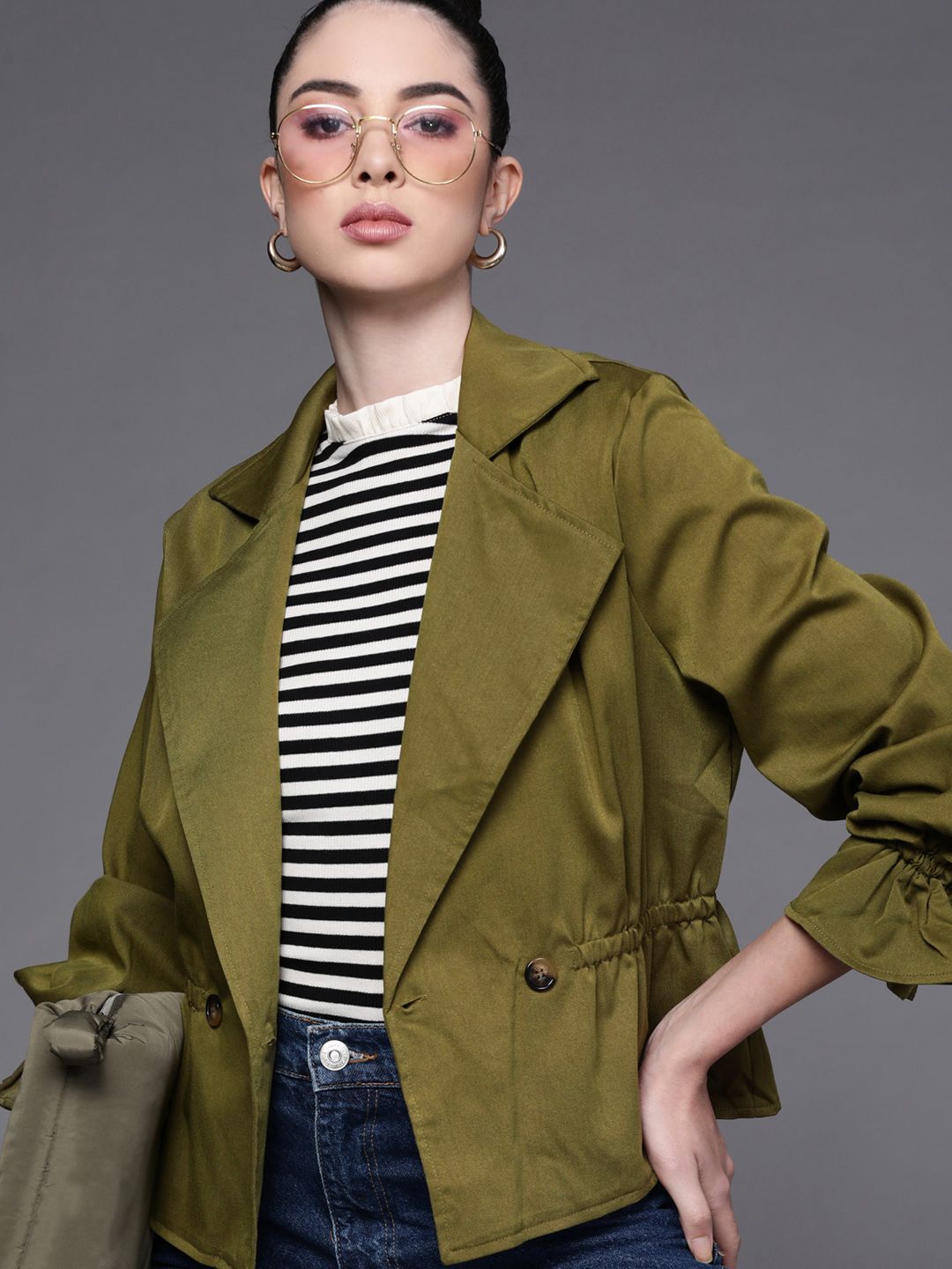 JC Mode Women Olive Green Solid Tailored Jacket Price in India