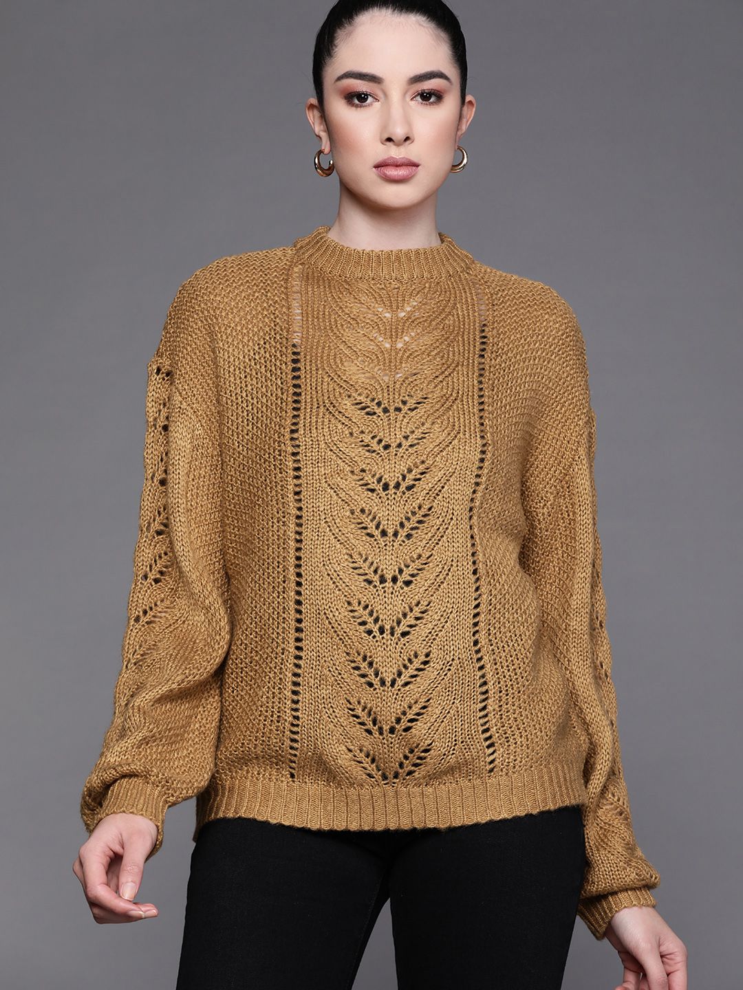 JC Mode Women Mustard Brown Open Knit Pullover Price in India