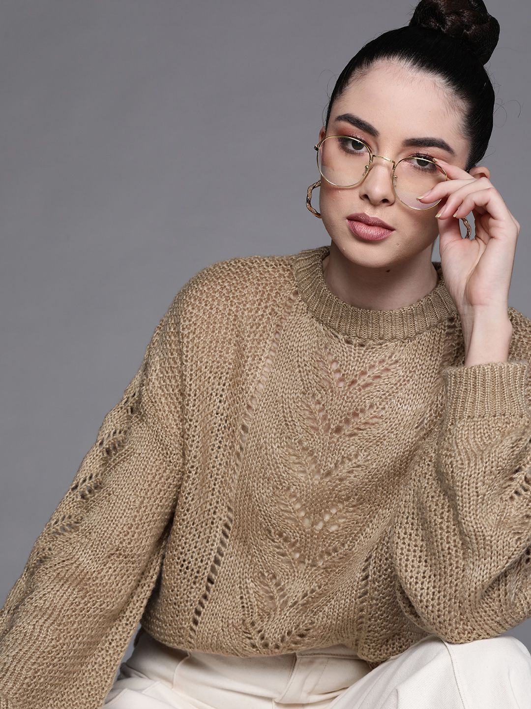 JC Mode Women Taupe Open Knit Pullover Price in India