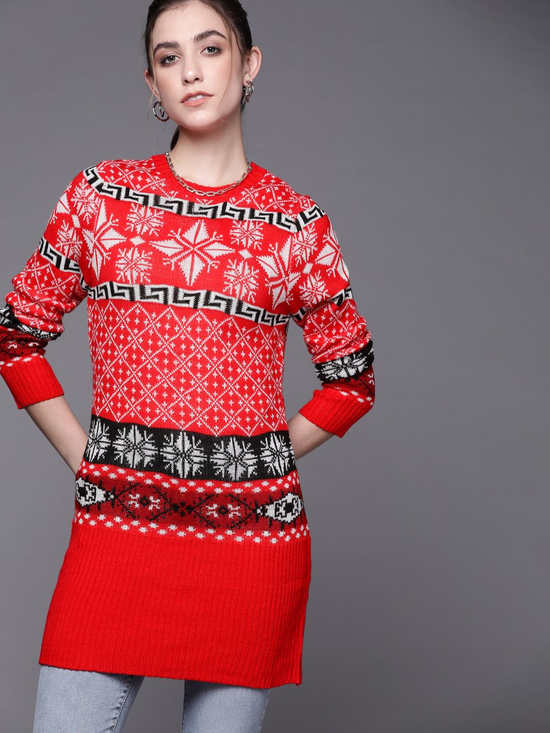 JC Mode Women Red & White Fair Isle Longline Pullover Price in India