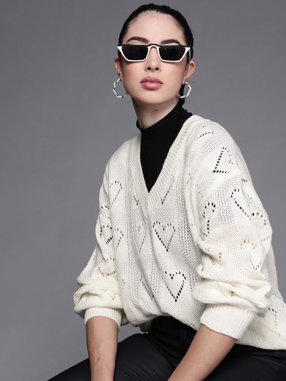 JC Mode Women White Solid Open Knit Pullover Sweater Price in India