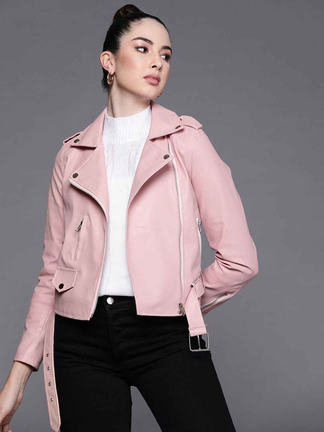JC Mode Women Pink Asymmetric Closure Biker Jacket Price in India