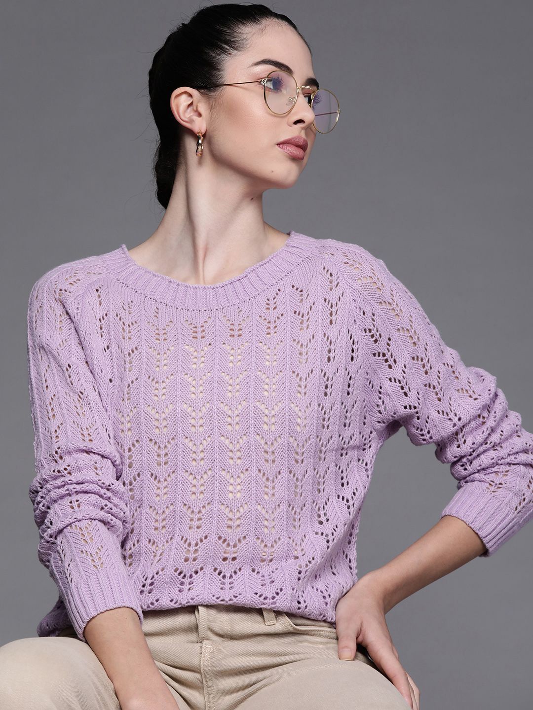 JC Mode Women Lavender Solid Open Knit Pullover Sweater Price in India