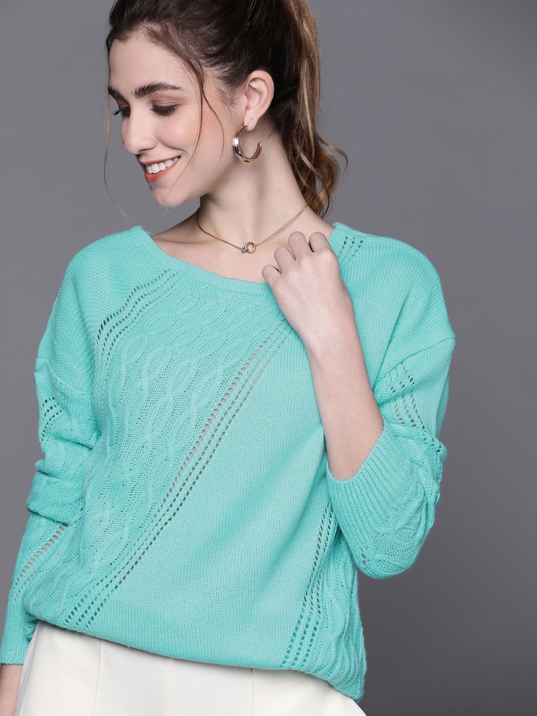 JC Mode Women Green Open Knit Pullover Price in India