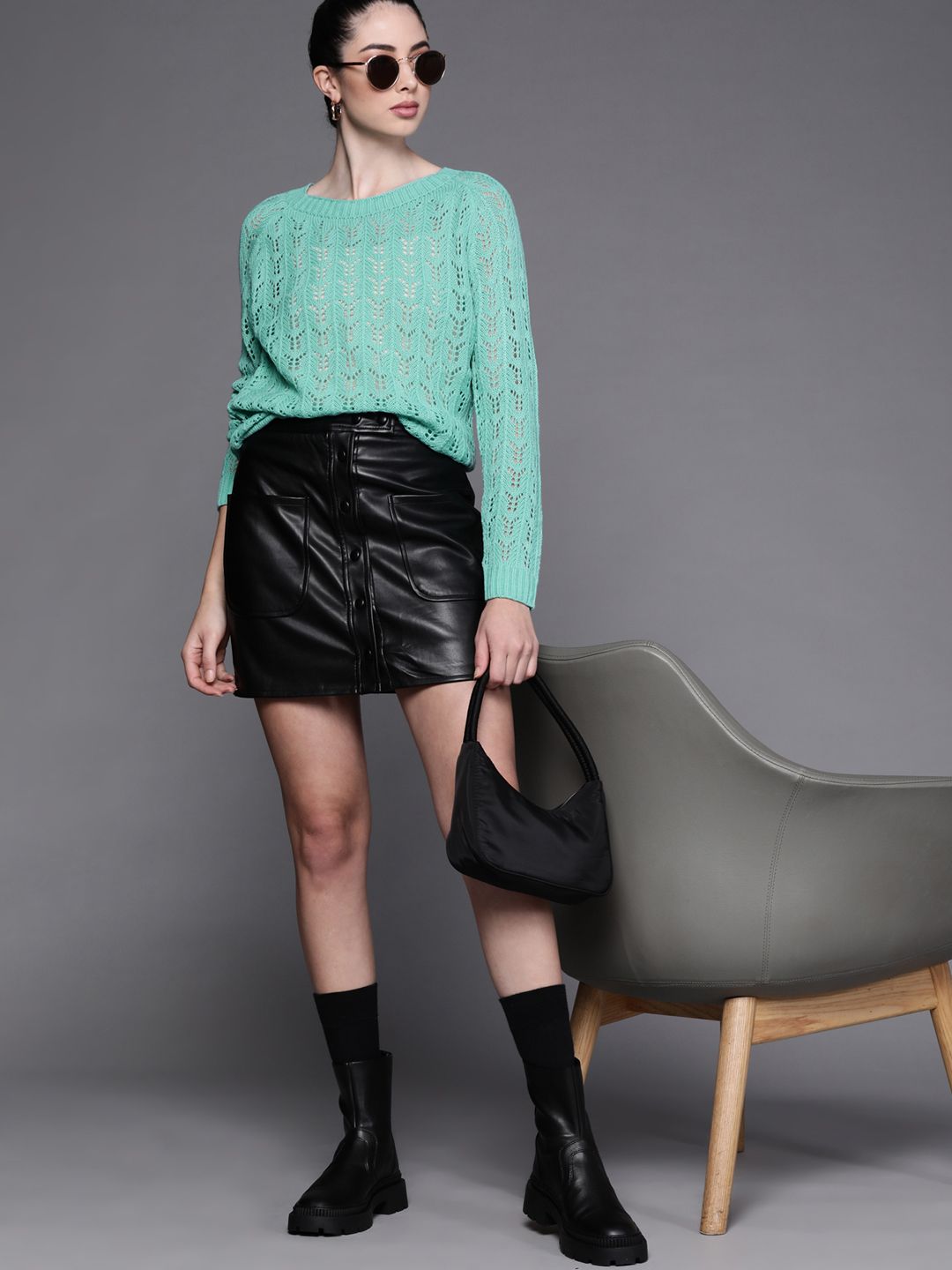 JC Mode Women Green Solid Open Knit Pullover Sweater Price in India