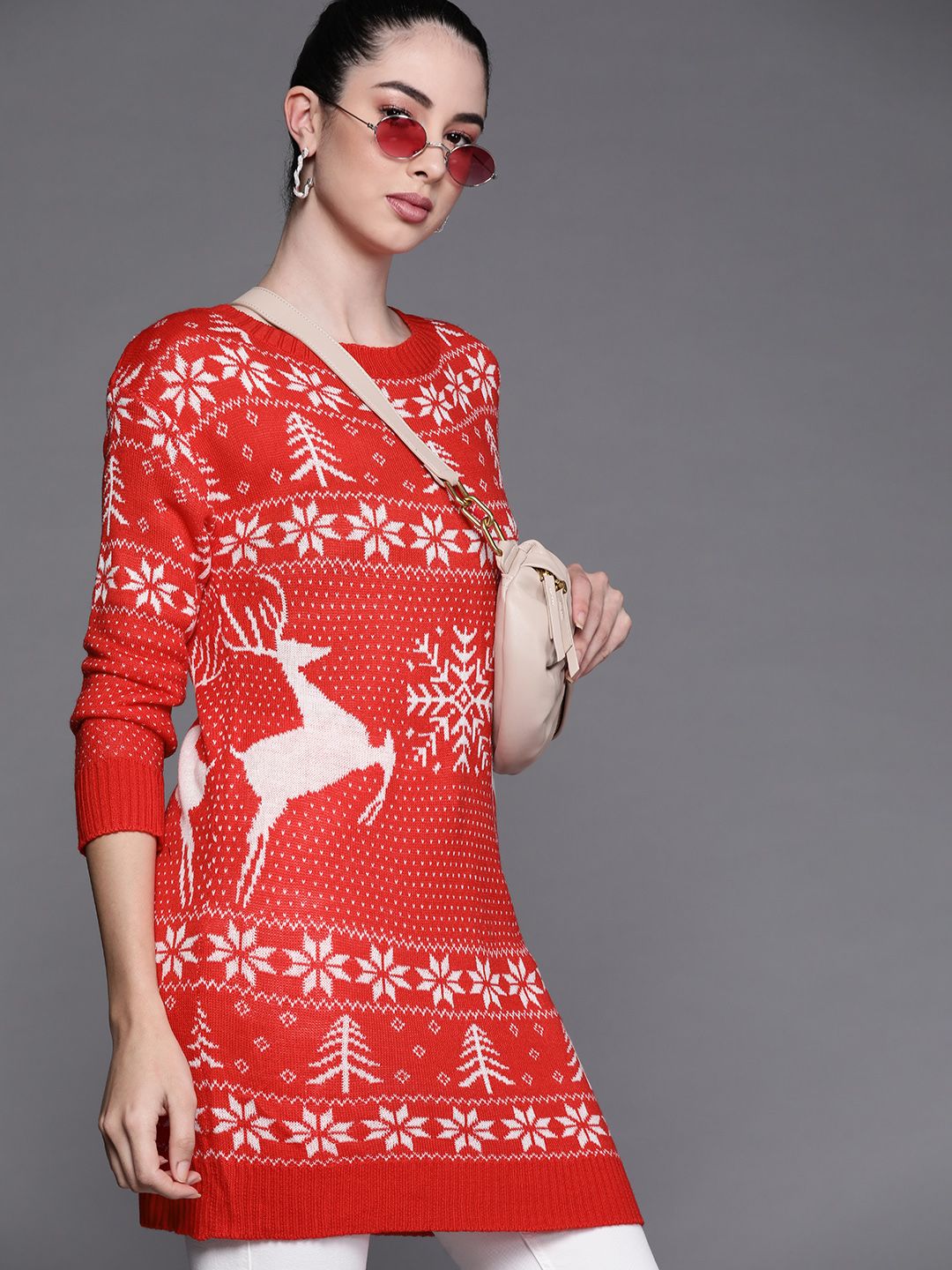 JC Mode Women Red & White Fair Isle Longline Pullover Price in India