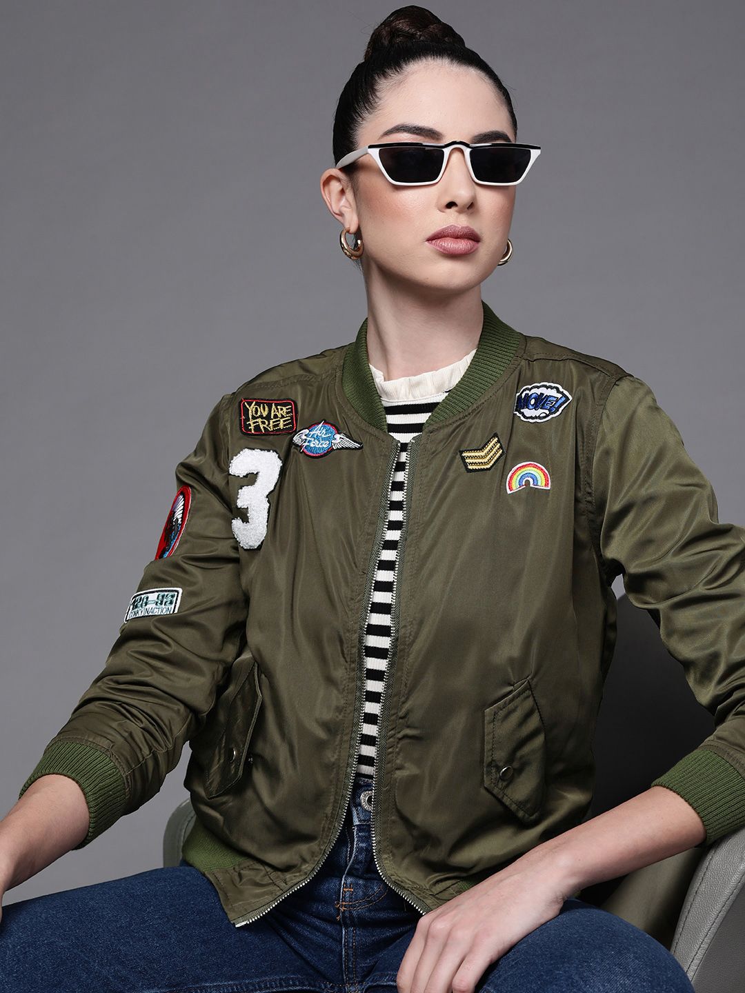JC Mode Women Olive Green Applique Detail Bomber Jacket Price in India