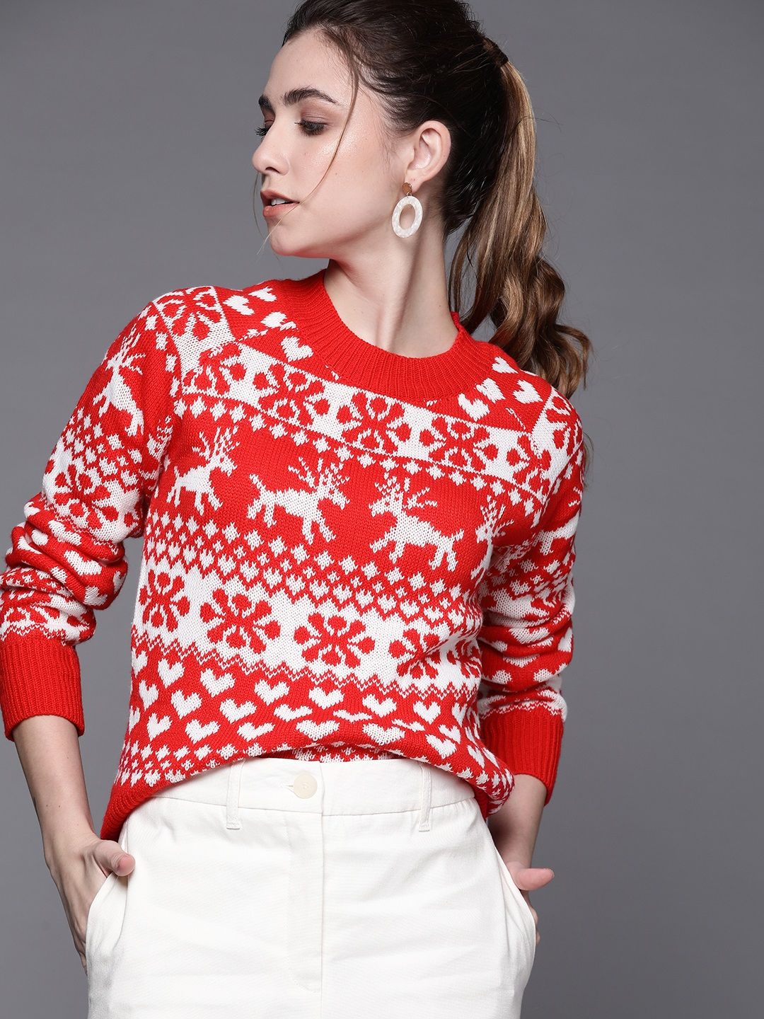 JC Mode Women Red & White Fair Isle Pullover Price in India