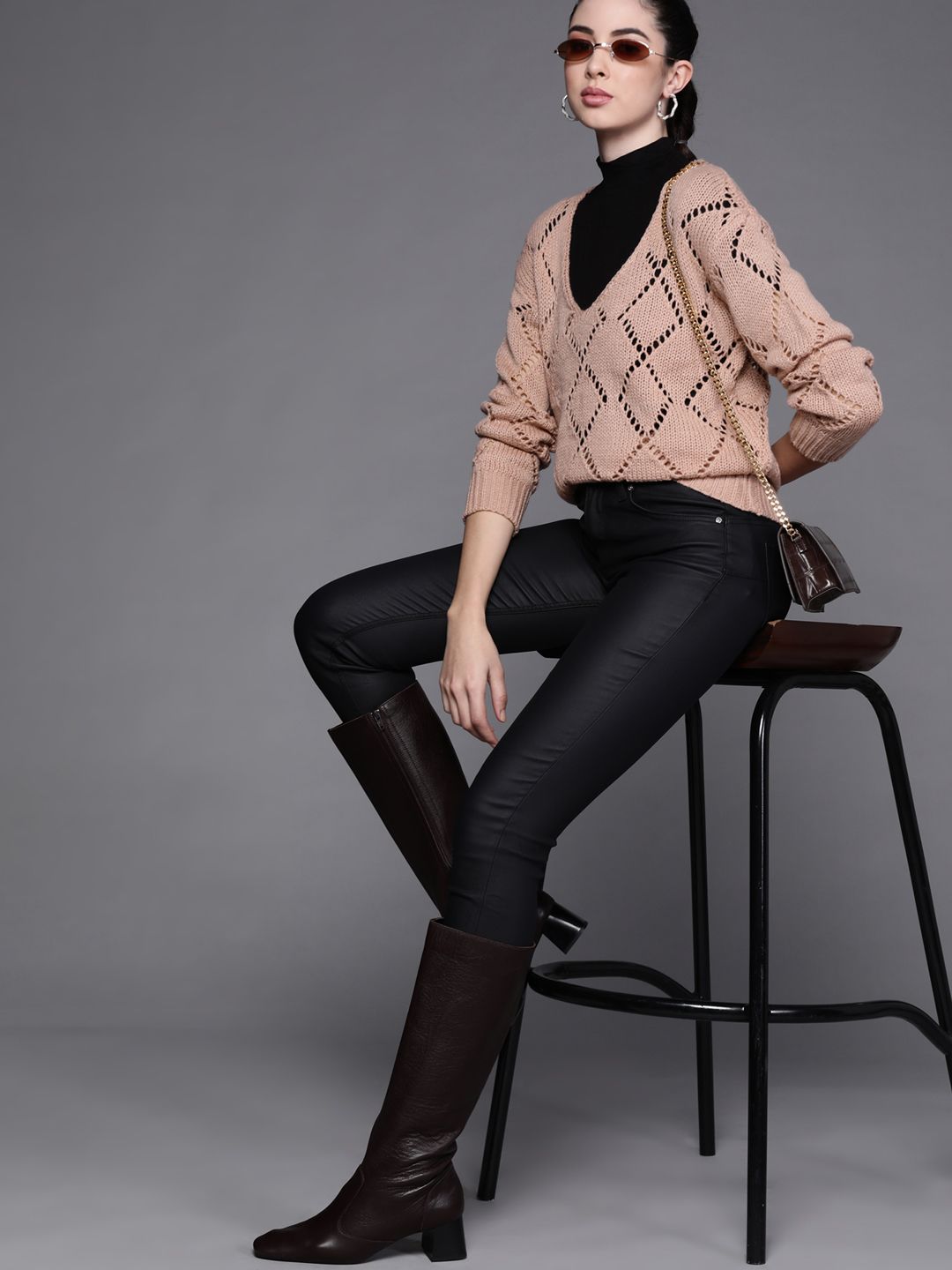 JC Mode Women Peach-Coloured Solid Open Knit Pullover Sweater Price in India