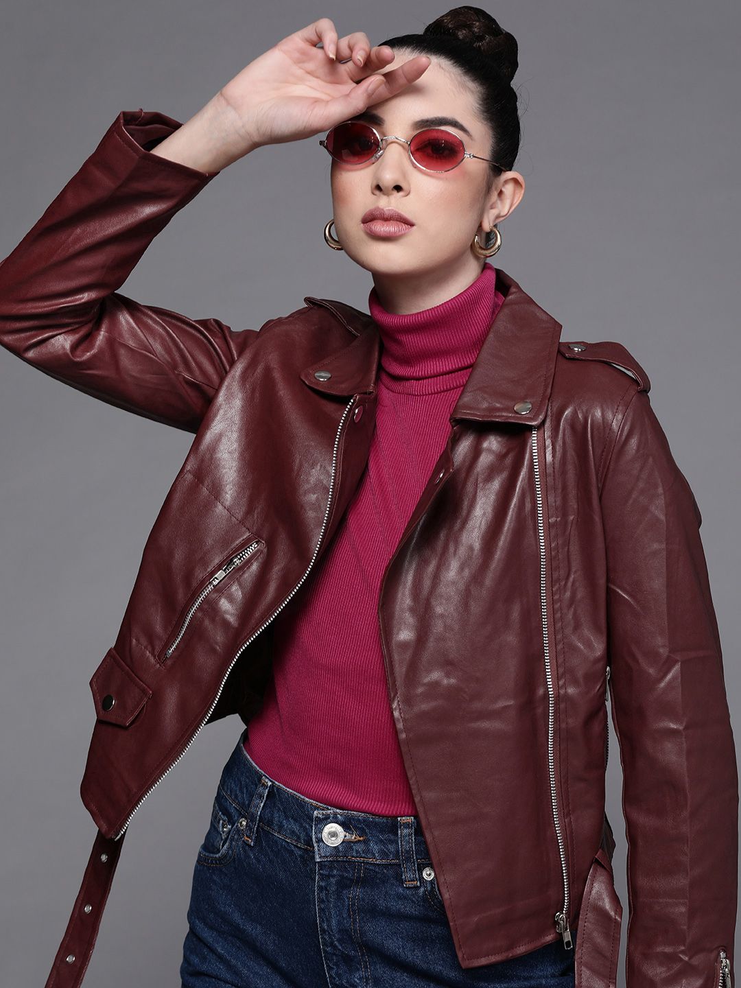 JC Mode Women Maroon Asymmetric Closure Jacket Price in India