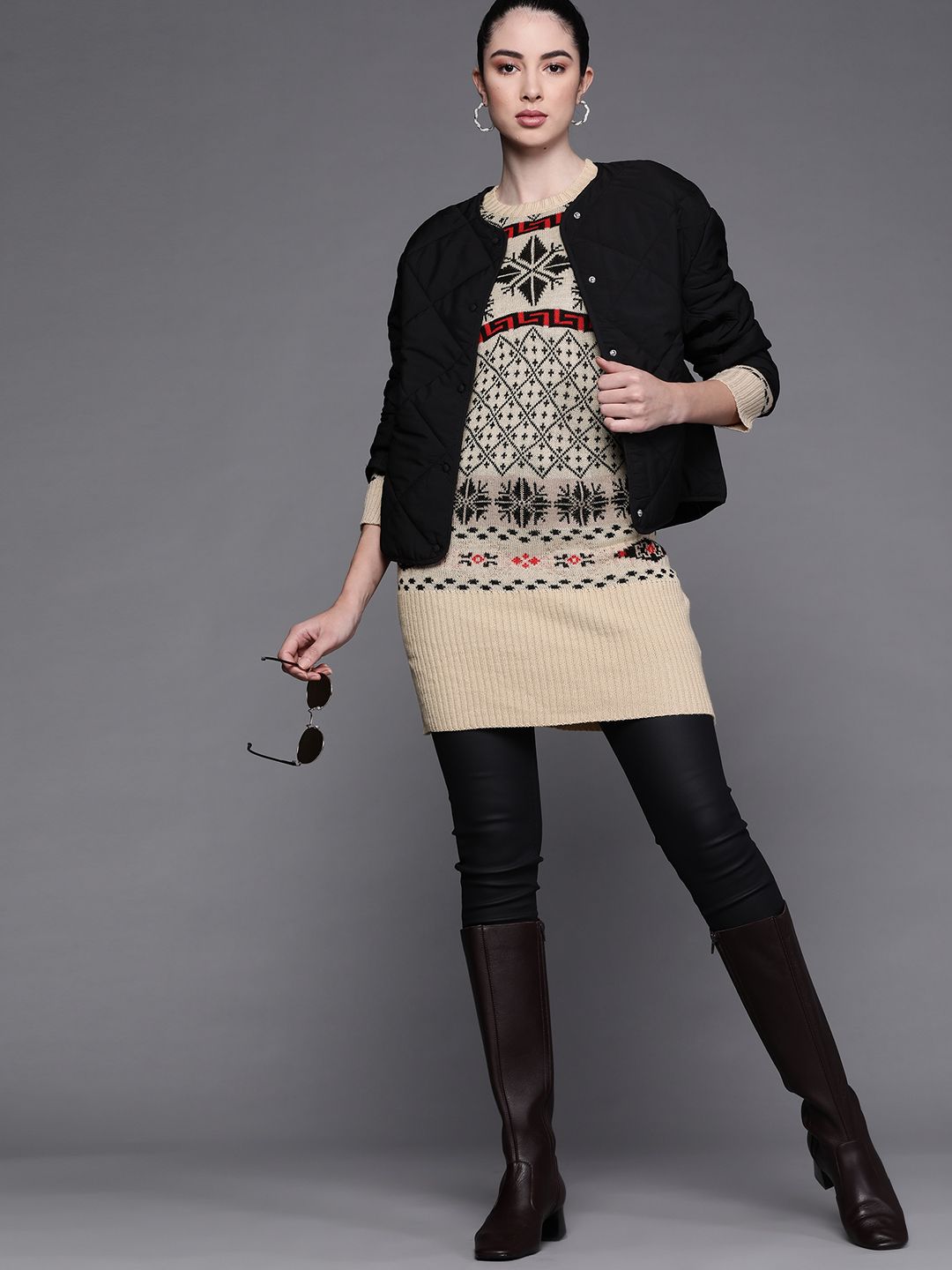 JC Mode Women Beige & Black Fair Isle Longline Pullover Price in India