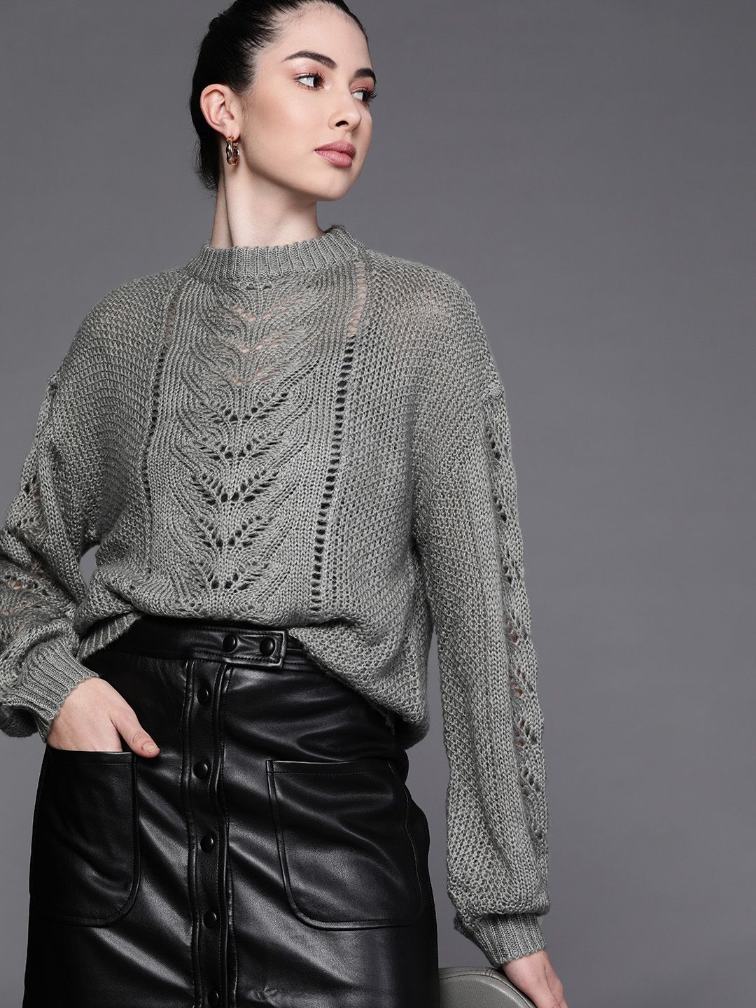 JC Mode Women Grey Solid Pure Wool Open Knit Pullover Sweater Price in India