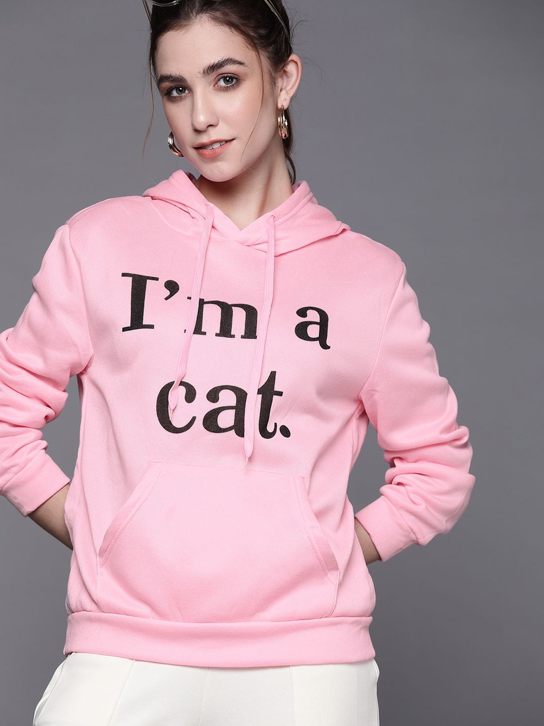 JC Mode Women Pink & Black Printed Hooded Sweatshirt Price in India