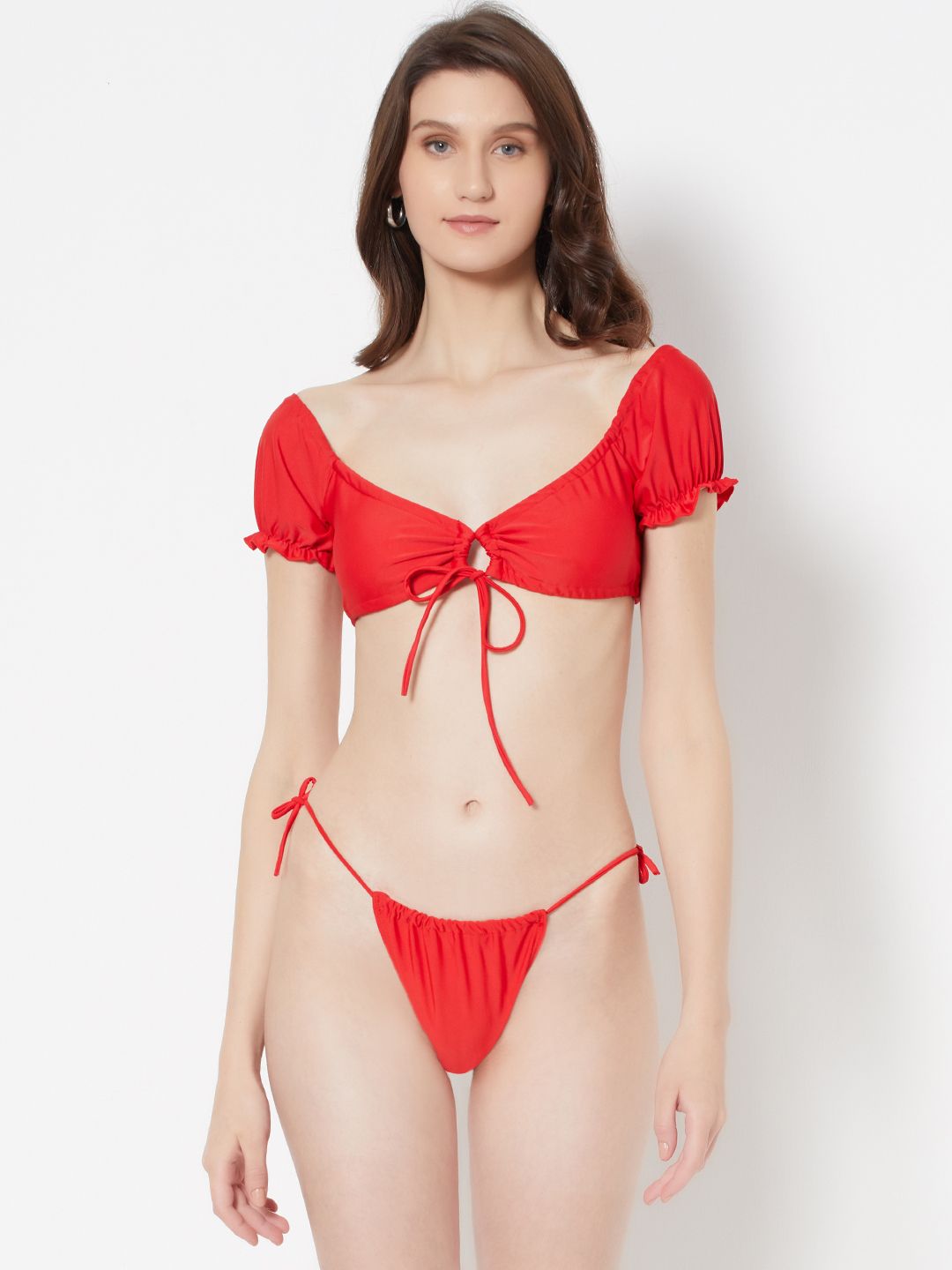 URBANIC Women Red Solid Ruched Swim Bikini Set Price in India