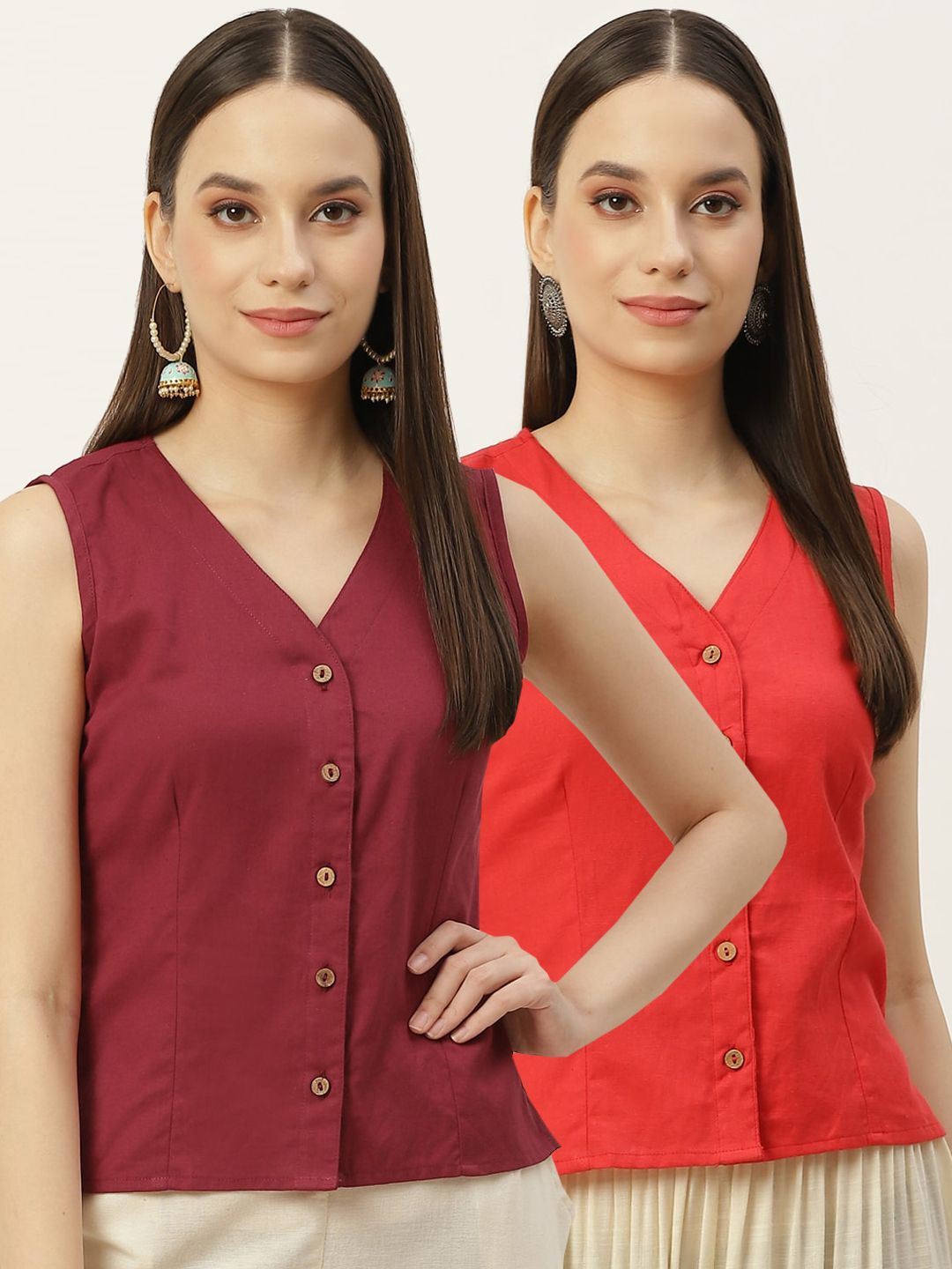 Molcha Women Pack of 2 Maroon & Red Solid Non Padded Cotton Long Blouse Price in India