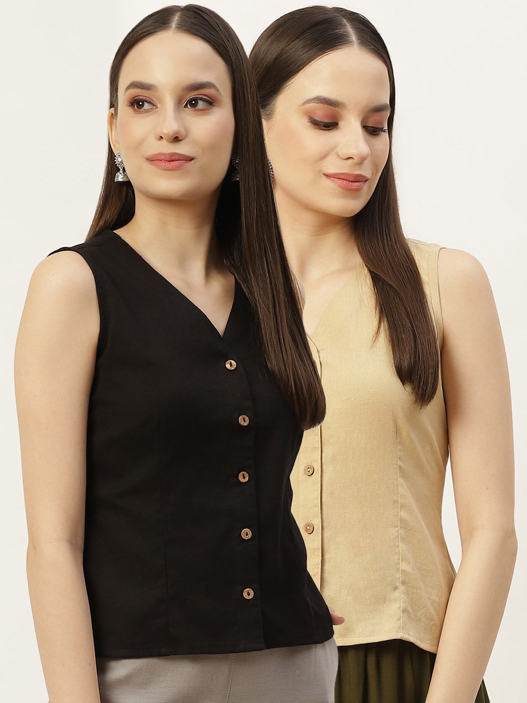 Molcha Women Pack Of 2 Beige & Black Solid Cotton Long Saree Blouse Price in India