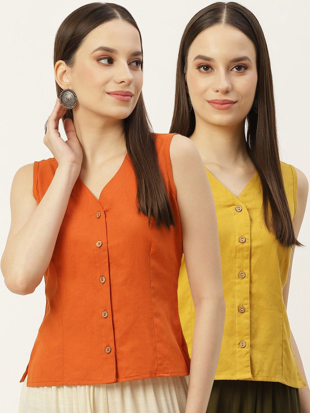 Molcha Women Pack of 2 Solid Non Padded Cotton Long Blouse Price in India